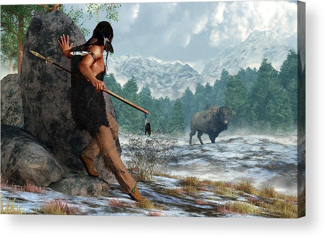 Paleoindian Acrylic Print featuring the digital art Indian Hunting with Atlatl by Daniel Eskridge