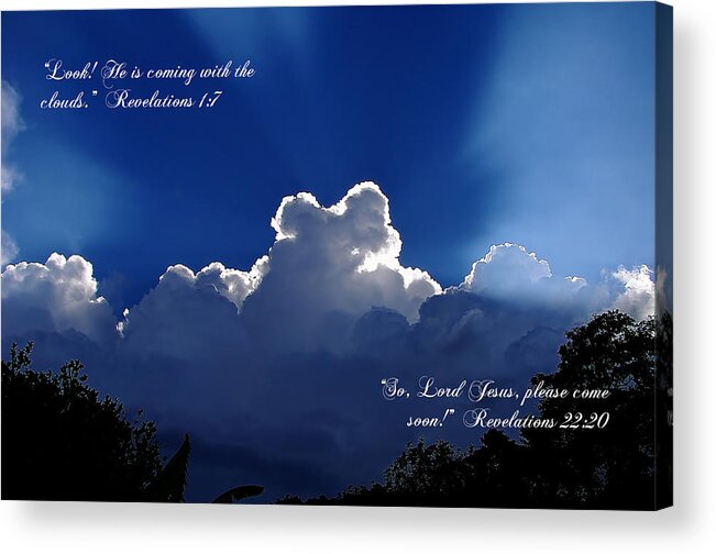 Clouds Cloud Sky Skyscape Sunshine Sun Blue Scripture Inspirational Inspiration Revelations Sunbeams Sunbeam crepuscular Rays Rays scripture Verse Acrylic Print featuring the photograph Inspirational Clouds by Blair Wainman