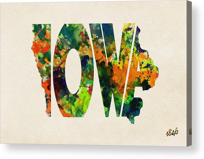 Iowa Acrylic Print featuring the painting Iowa Typographic Watercolor Map by Inspirowl Design