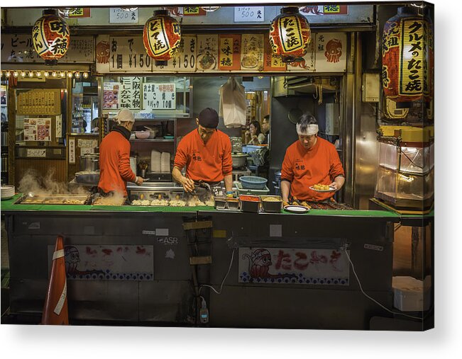 Young Men Acrylic Print featuring the photograph Japan city nightlife cooks serving traditional fast food Osaka by fotoVoyager