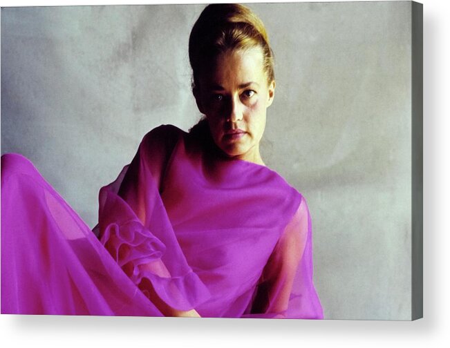 Actress Acrylic Print featuring the photograph Jeanne Moreau Wearing A Purple Dress by Bert Stern