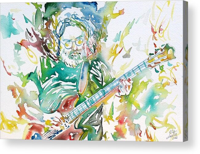 Jerry Acrylic Print featuring the painting JERRY GARCIA PLAYING the GUITAR watercolor portrait.1 by Fabrizio Cassetta