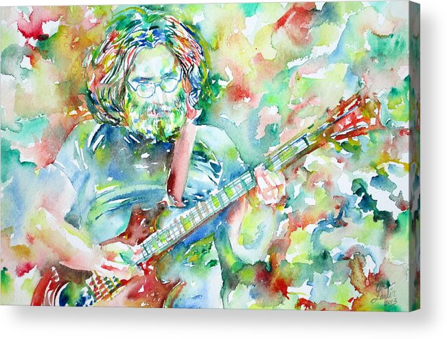 Jerry Acrylic Print featuring the painting JERRY GARCIA PLAYING the GUITAR watercolor portrait.3 by Fabrizio Cassetta