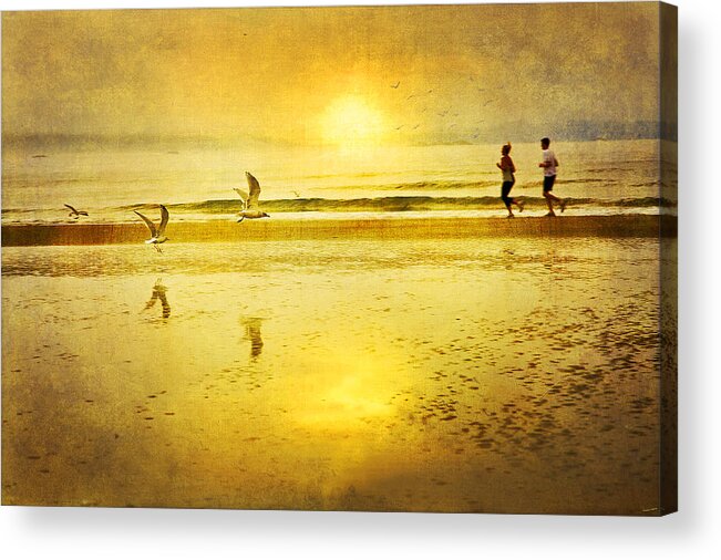 Beach Acrylic Print featuring the photograph Jogging On Beach With Gulls by Theresa Tahara