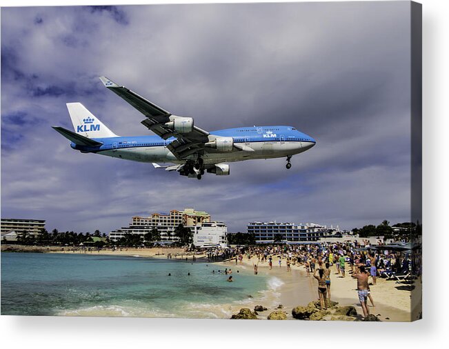 Klm Acrylic Print featuring the photograph K L M landing at St. Maarten #2 by David Gleeson