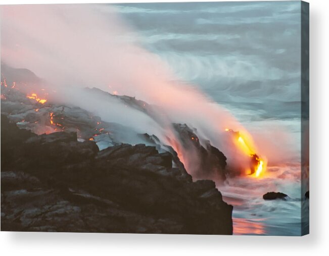 Landscapes Acrylic Print featuring the photograph Kilauea Lava Meets the Pacific by Mary Lee Dereske