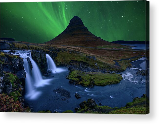 Iceland Acrylic Print featuring the photograph Kirkjufell...  Under A Boreal Green Sky by Alvaro Roxo