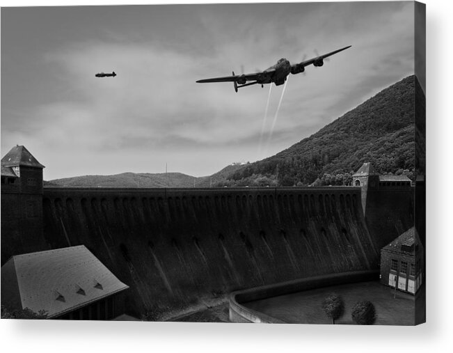 Dambusters Acrylic Print featuring the digital art L for Leather over the Eder Dam black and white version by Gary Eason