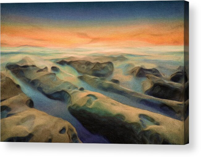 Sunset Texture Seascape Painting Photography Tide Pools Acrylic Print featuring the mixed media La Jolla Reimagined by Joel Olives