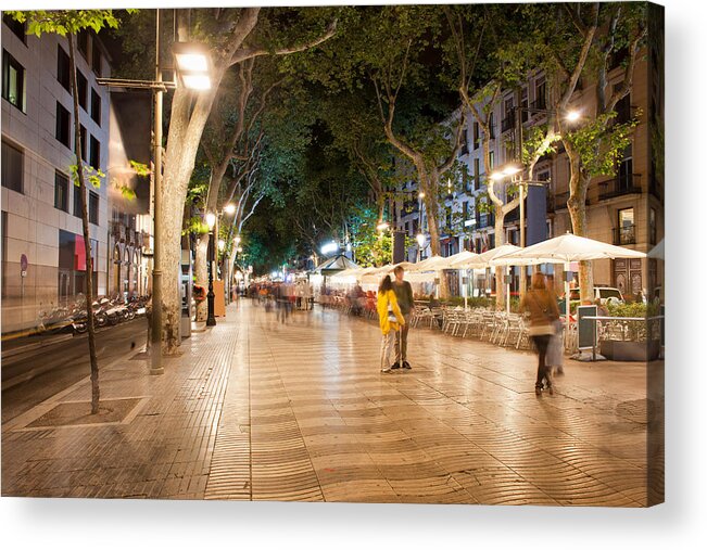 Barcelona Acrylic Print featuring the photograph La Rambla at Night in Barcelona by Artur Bogacki