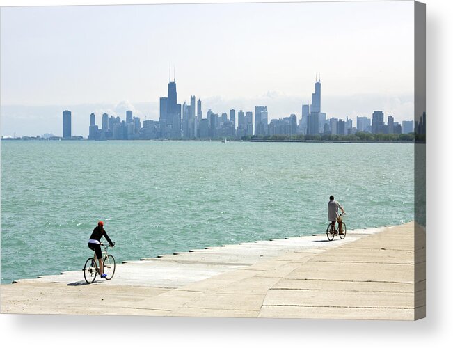 Lake Michigan Acrylic Print featuring the photograph Lake Michigan with skyline and bicyclers by by Ken Ilio