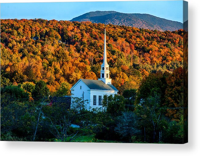 Autumn Foliage New England Acrylic Print featuring the photograph Last rays of autumn sun on Stowe Church by Jeff Folger