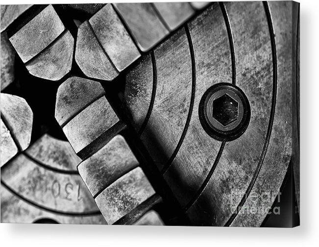 Lathe Chuck Acrylic Print featuring the photograph Lathe Chuck Black and White by Wilma Birdwell