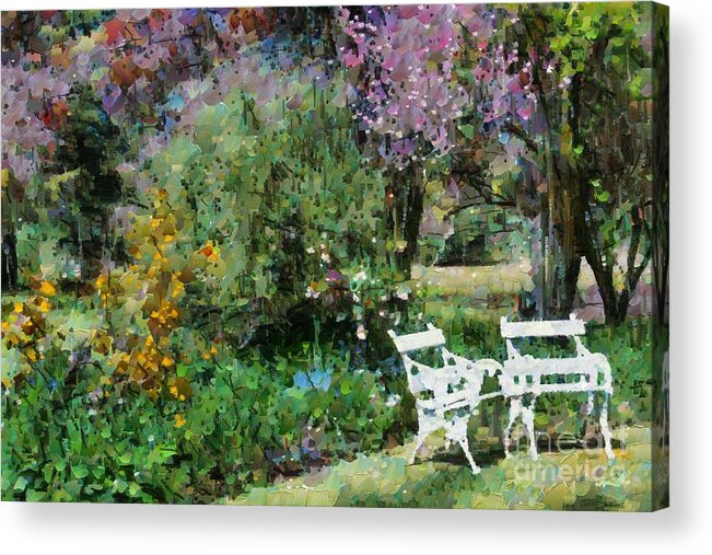 Garden Acrylic Print featuring the digital art Lawn chairs in the garden by Fran Woods