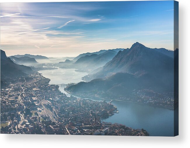 Panoramic Acrylic Print featuring the photograph Lecco Lake Aerial View, Como, Italy by Deimagine