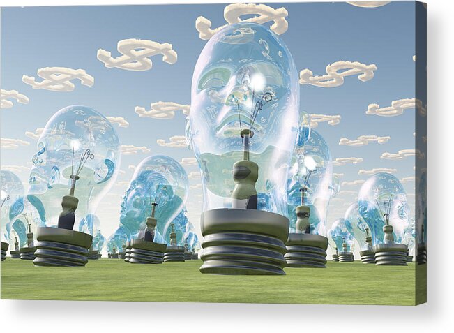 Idea Acrylic Print featuring the digital art Light Bulb heads and dollar symbol clouds by Bruce Rolff