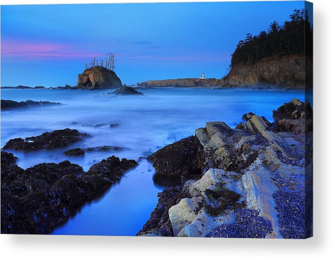 Cape Arago Lighthouse Acrylic Print featuring the photograph Lighthouse from Sunset Bay by Robert Bynum