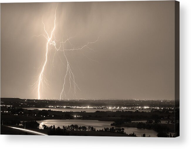 Lightning Acrylic Print featuring the photograph Lightning Strike Boulder Reservoir and Coot Lake Sepia by James BO Insogna
