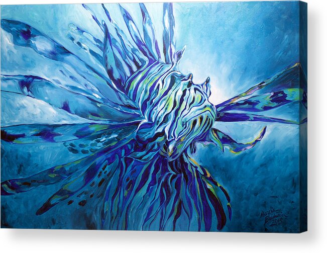 Fish Acrylic Print featuring the painting Lionfish Abstract Blue by Marcia Baldwin