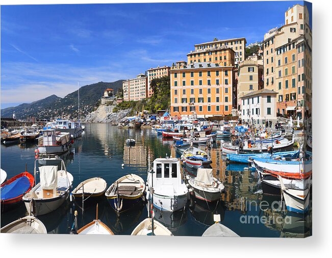 Blue Acrylic Print featuring the photograph little harbor in Camogli by Antonio Scarpi