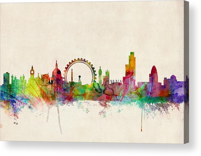 Watercolor Art Print Of The Skyline Of The City Of London Acrylic Print featuring the digital art London Skyline Panoramic by Michael Tompsett