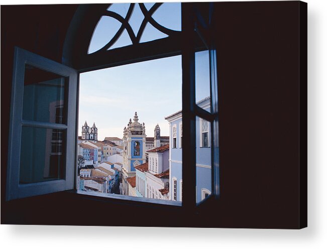 Shutter Acrylic Print featuring the photograph Looking Out The Windows Of A Dark Room To See Buildings And The Blue Sky With White Clouds by Rubberball/Heinz Hubler
