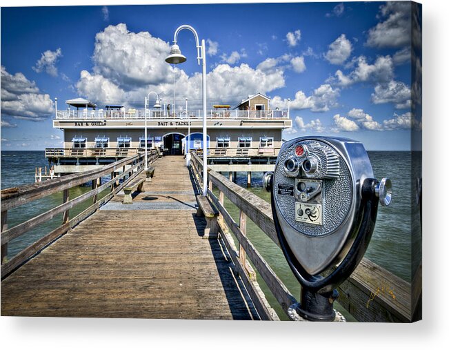 Ocean Acrylic Print featuring the photograph Lookout at Oceanview Fishing Pier - Color by T Cairns