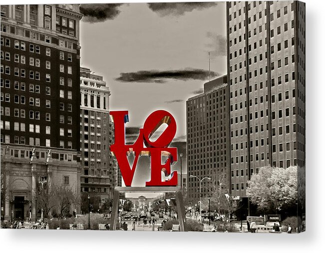 City Acrylic Print featuring the photograph Love Sculpture - Philadelphia - BW by Lou Ford