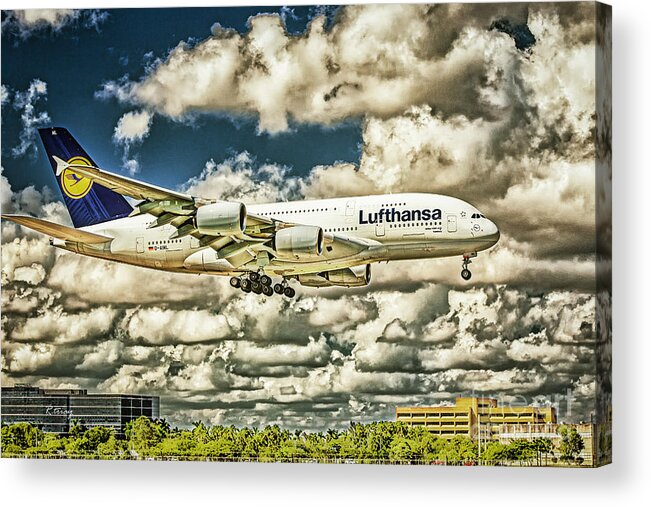 Airbus A380 Acrylic Print featuring the photograph Lost in the Clouds Lufthansa A380 Named Hamburg-Colorized Abstract by Rene Triay FineArt Photos