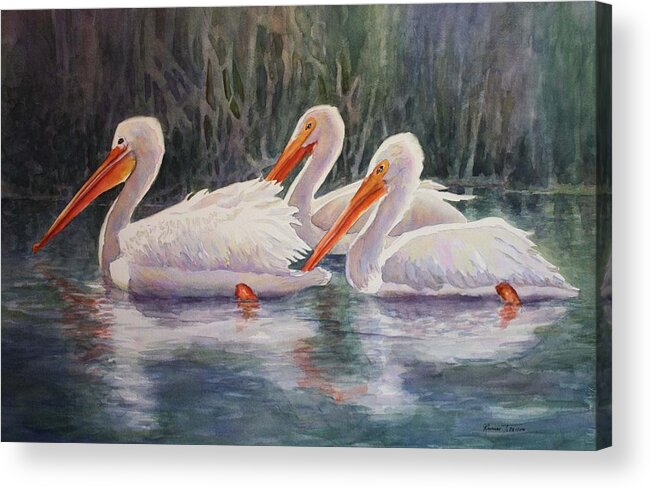 White Pelicans Acrylic Print featuring the painting Luminous White Pelicans by Roxanne Tobaison