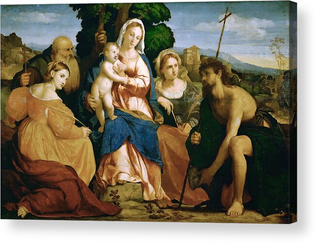Palma Vecchio Acrylic Print featuring the painting Madonna and Child with St Catherine and St Celestine and John the Baptist and St Barbara by Palma Vecchio