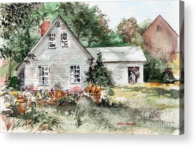 A Front Lawn Filled With Summer Flowers Decorate This Beautiful Home In Maine. Acrylic Print featuring the painting Maine Sunshine by Monte Toon