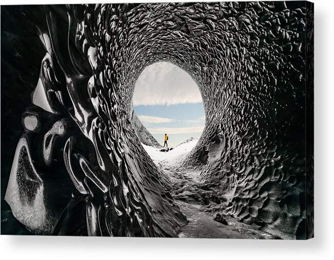 Shadow Acrylic Print featuring the photograph Man exploring an amazing glacial cave in Iceland by Anton Petrus