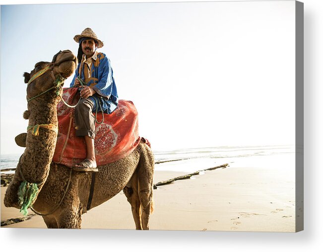 Agadir Acrylic Print featuring the photograph Man On Camel On Beach, Taghazout by Tim E White