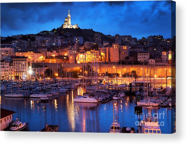 Marseille Acrylic Print featuring the photograph Marseille France panorama at night by Michal Bednarek