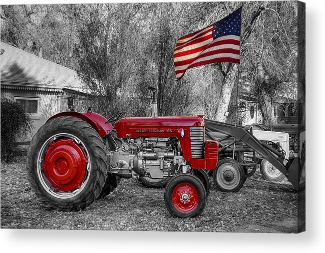 Tractor Acrylic Print featuring the photograph Massey - Feaguson 65 Tractor with USA Flag BWSC by James BO Insogna