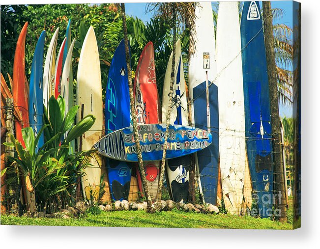 Aloha Acrylic Print featuring the photograph Maui Surfboard Fence - Peahi Hawaii by Sharon Mau