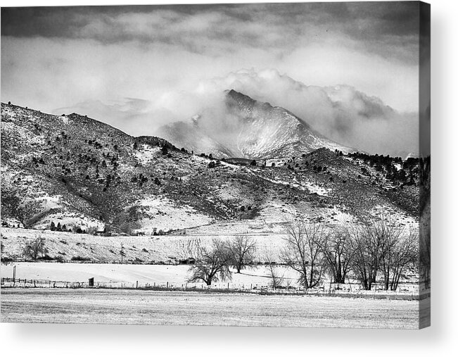Longs Peak Acrylic Print featuring the photograph Meeker and Longs Peak in Winter Clouds BW by James BO Insogna