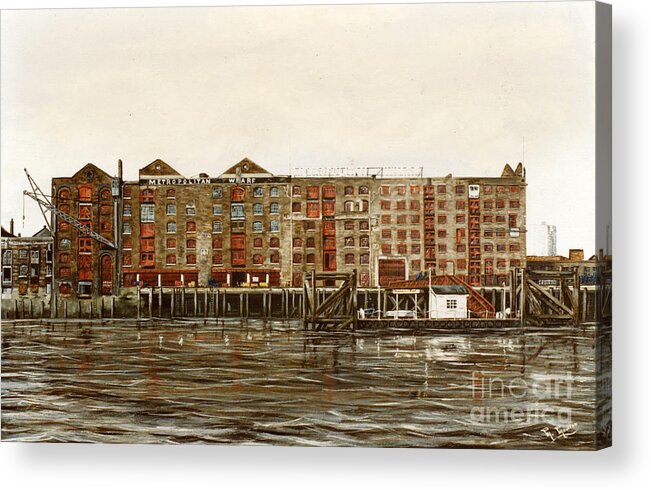 Wapping Acrylic Print featuring the painting Metropolitan Wharf Wapping London about 1980 by Mackenzie Moulton