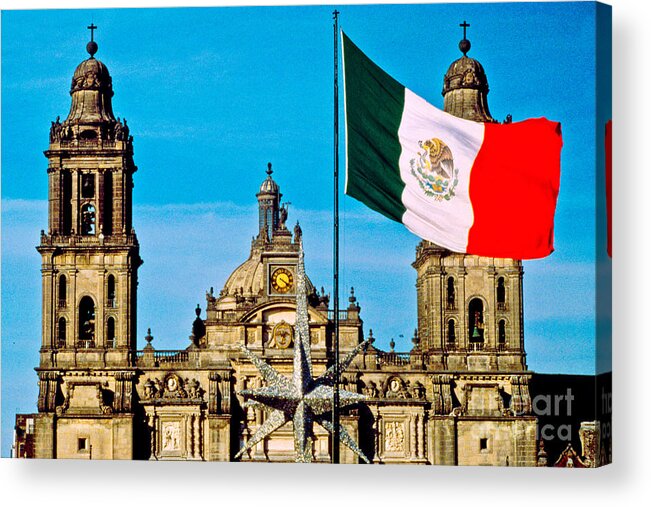 Flag Acrylic Print featuring the photograph Mexican Flag And Cathedral by Spencer Grant
