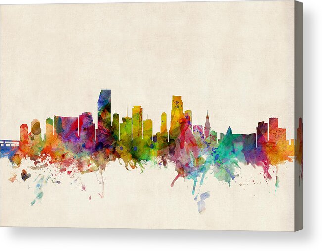 Watercolour Acrylic Print featuring the digital art Miami Florida Skyline by Michael Tompsett