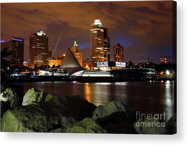 Norhtwestern Mutual Acrylic Print featuring the photograph Milwaukee Skyline at Dusk by Bill Cobb