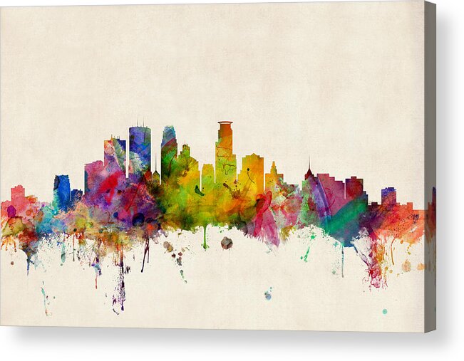 Watercolour Acrylic Print featuring the digital art Minneapolis Minnesota Skyline by Michael Tompsett