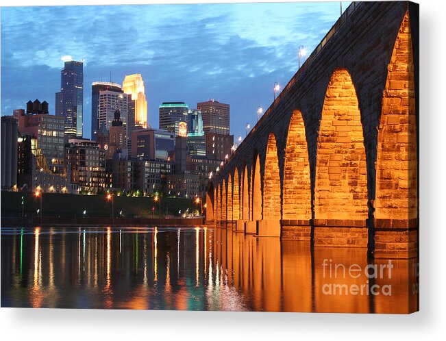 Minneapolis Skyline Acrylic Print featuring the photograph Minneapolis Skyline Photography Stone Arch Bridge by Wayne Moran