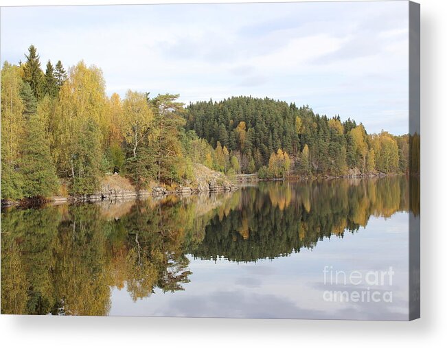 Landscape Water Hlls Trees In The Norwegian Norway Countryside Waterfront Lakes Lake Scandinavia Europe Outdoors Nature Landscape Trees View Atumumn Fall Green Yellow Orange Blue Sky Grey Acrylic Print featuring the photograph Mirror Image of the Fall Season by Jeanette Rode Dybdahl