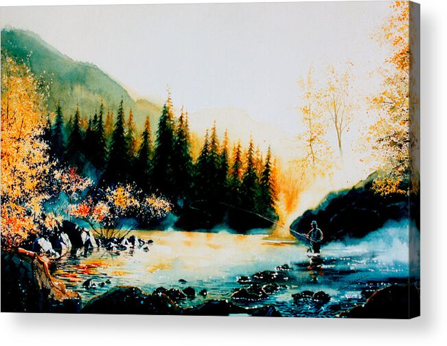 Landscape Painting Acrylic Print featuring the painting Misty Fishing Morning by Hanne Lore Koehler
