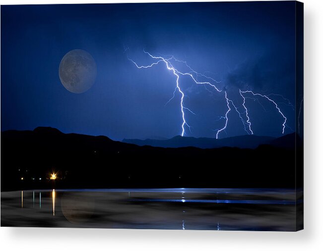 Landscape Acrylic Print featuring the photograph Misty Lake Full Moon Lightning Storm Fine art Photo by James BO Insogna
