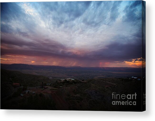 Jerome Arizona Acrylic Print featuring the photograph Monsoon Sunset with Vertical Rainbow by Ron Chilston