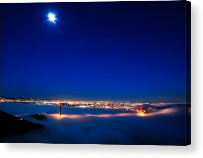 Bay Area Acrylic Print featuring the photograph Moon over San Francisco in Fog by Joel Thai