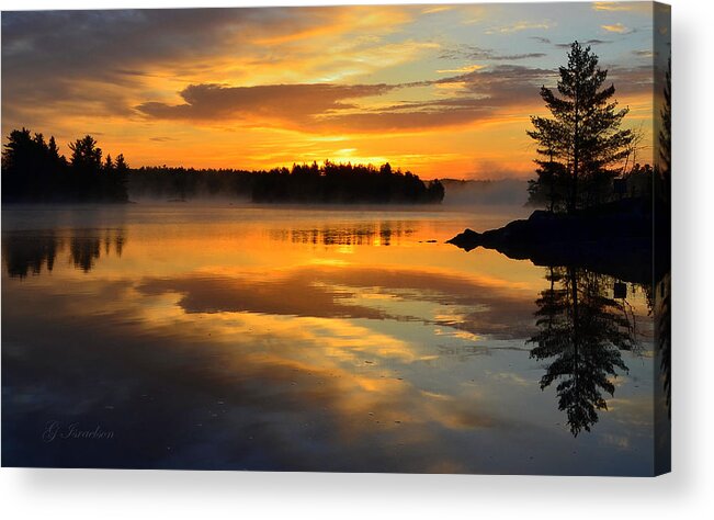 Landscapes-water-sunrise-trees-fog-sky-clouds-reflections-serenity Acrylic Print featuring the photograph Morning Serenity by Gregory Israelson